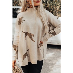 Parchment Lively Cheetah Print High Neck Split Hem Sweater