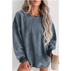 Blue Solid Ribbed Knit Round Neck Pullover Sweatshirt