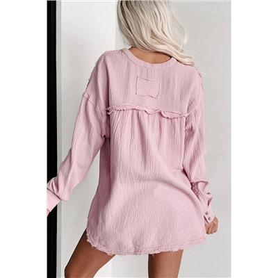 Pink Crinkle Long Sleeve Distressed Split Henley Top