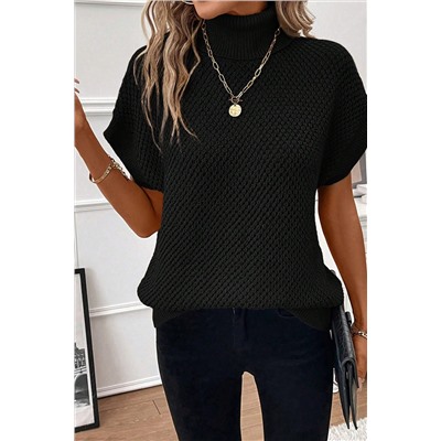 Black Turtleneck Textured Short Sleeve Sweater