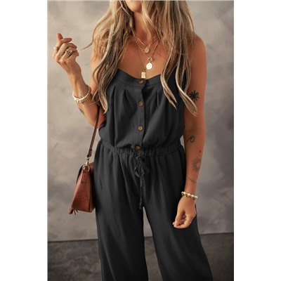 Black Knotted Straps Button Textured Drawstring Jumpsuit