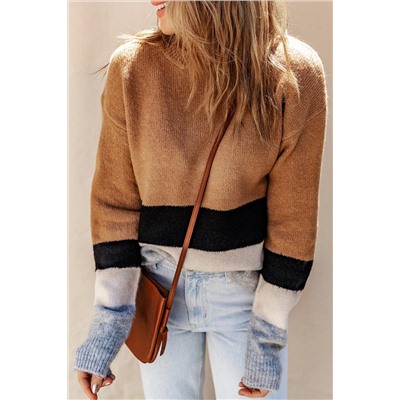 Brown Color Block Striped Ribbed Knit Sweater