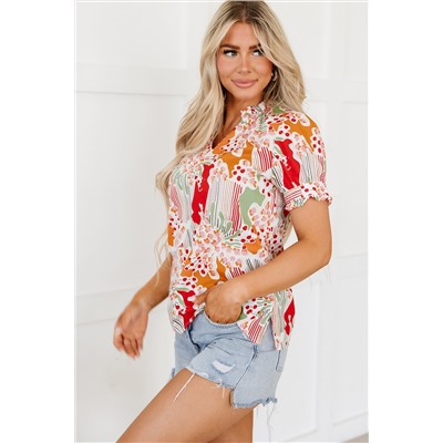 Pink Floral Print Button Frilled Short Sleeve Blouse