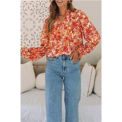 Grapefruit Orange Frilled Split Neck Bubble Sleeve Floral Blouse