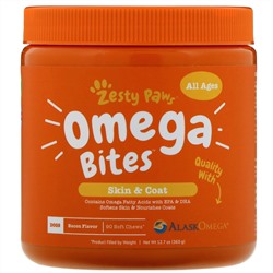 Zesty Paws, Omega Bites, добавка для собак, для здоровья кожи и шерсти животных, с ароматизатором «Бекон», 90 мягких жевательных таблеток