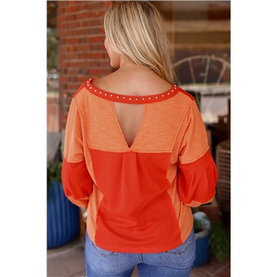 Red Studded V Neckline Exposed Seam Textured Knit Top