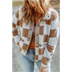 Brown Checked Snap Button Sherpa Jacket