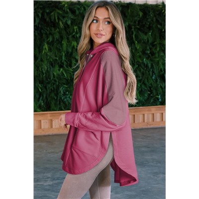 Rose Patchwork Side Pockets Oversized Henley Hoodie