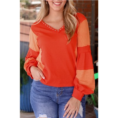 Red Studded V Neckline Exposed Seam Textured Knit Top