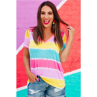 Yellow Striped Color Block V Neck T Shirt