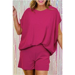 Rose Red Textured Dolman Sleeve Top and Shorts Plus Size Set