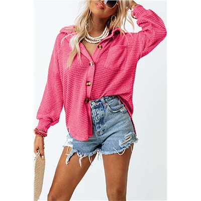 Pink Waffle Knit Button Up Casual Shirt