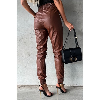 Коричневые кожаные брюки-скинни с эластичным поясом