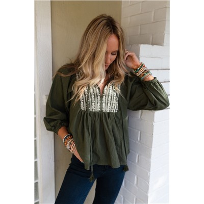 Green Embroidered Split Neck Pleated Loose Blouse