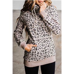 Leopard Kangaroo Pocket Drawstring High Neck Hoodie