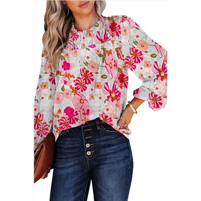 White Floral Frilled Neckline Puff Sleeve Blouse