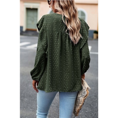 Blackish Green Lace Eyelet Ruffle Shoulder Long Sleeve Blouse