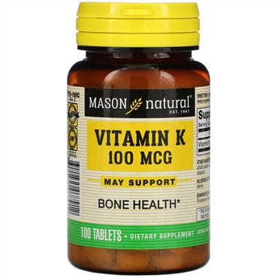 Mason Natural, витамин К, 100 мкг, 100 таблеток
