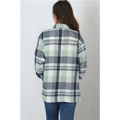 Green Printed Plus Size Chest Pocket Plaid Shirt