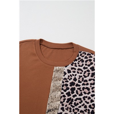 Gold Flame Leopard Print Sequin Colorblock Long Sleeve Top