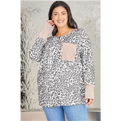 Leopard Plus Size Waffle Knit Patchwork Long Sleeve Henley Top