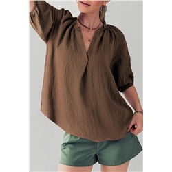 Chicory Coffee Frill Split Neck Puff Sleeve Crinkle Blouse