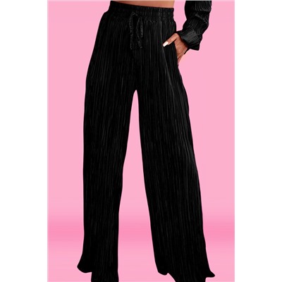 Black Pleated Long Sleeve Shirt and Wide-Leg Pants Set