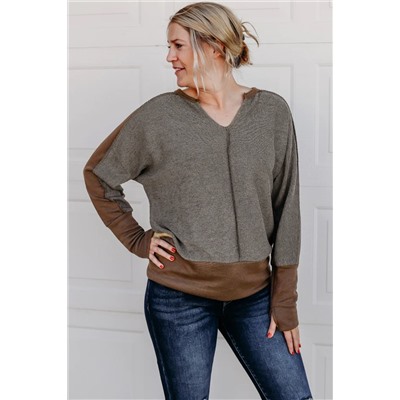 Brown Contrast Patchwork Thumbhole Sleeve Top