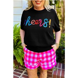 Black Plus Size Cheers Glitter Tinsel Short Sleeve Sweater