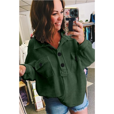 Blackish Green Plus Size Long Sleeve Flap Pocket Henley Top