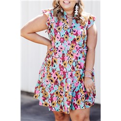 Red Floral Ruffled Cap Sleeve Plus Size Mini Dress