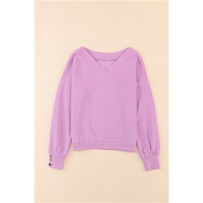 Purple Knitted V Neck Buttoned Cuffs Sweater