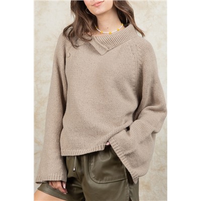 Smoke Gray Wide Sleeve High Neck Side Buttoned Sweater