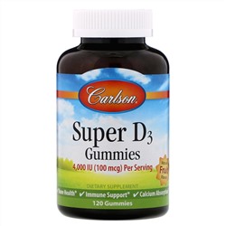 Carlson Labs, Super D3 Gummies,  Natural Fruit Flavors, 100 mcg (4,000 IU), 120 Gummies