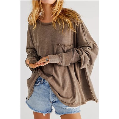 Brown Exposed Seam Thumbhole Drop Shoulder Loose Sweatshirt