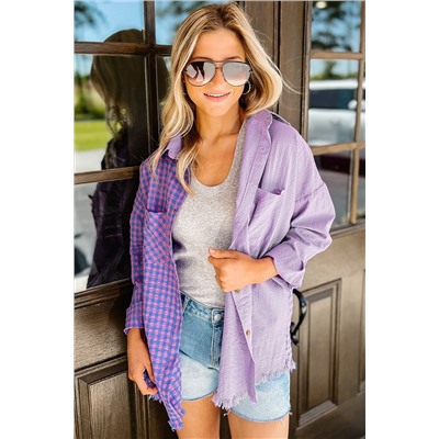 Purple Mixed Plaid Button Down Long Sleeve Chest Pocket Shirt