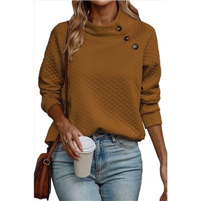 Chestnut Quilted Buttoned Neckline Stand Neck Pullover Sweatshirt