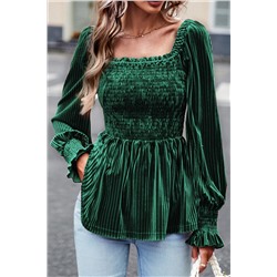 Blackish Green Smocked Ribbed Velvet Babydoll Top