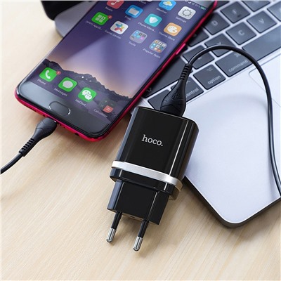 Адаптер Сетевой с кабелем Hoco C12 (повр. уп.) 2USB 2,4A/10W (USB/Micro USB) (black)
