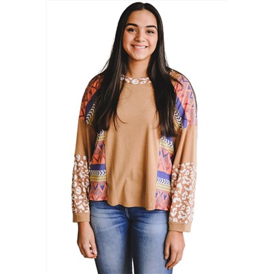 Multicolor Western Print Patchwork Long Sleeve Tee