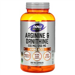 Now Foods, Sports, аргинин и орнитин, 500 мг/250 мг, 250 вегетарианских капсул