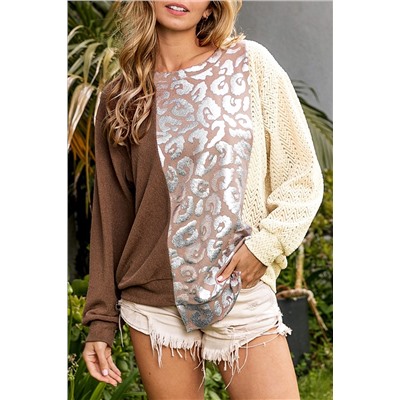 Brown Glitter Leopard Patchwork Crew Neck Long Sleeve Top