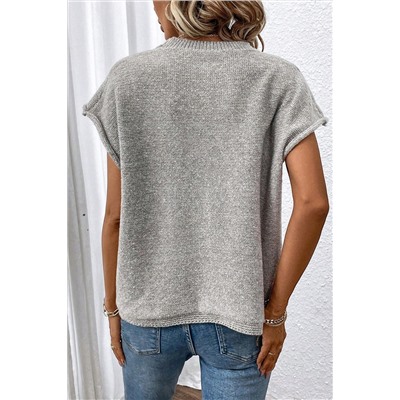 Gray Crew Neck Center Seamed Short Sleeve Sweater