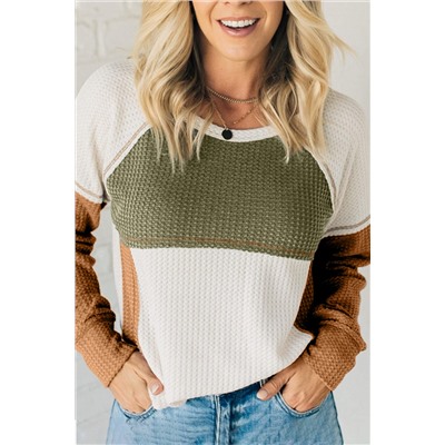 Green Color Block Exposed Seam Waffle Knit Long Sleeve Top