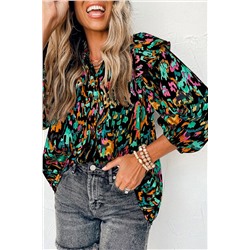 Multicolour Abstract Print 3/4 Puff Sleeve Ruffle Blouse