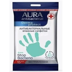AURA Влажные салфетки антибактериальные Derma Protect алоэ 15 шт