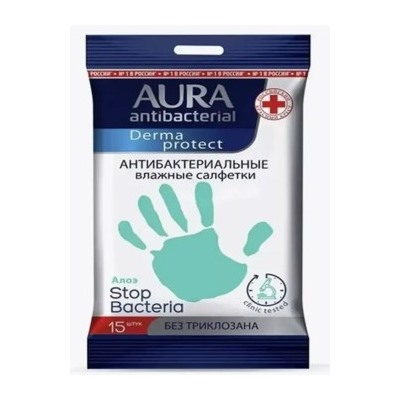 AURA Влажные салфетки антибактериальные Derma Protect алоэ 15 шт