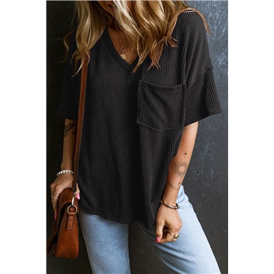 Black Corded V Neck Chest Pocket Loose T-shirt