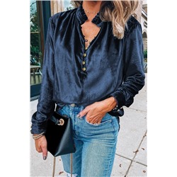 Navy Blue Frilled Neck Buttoned Front Velvet Top