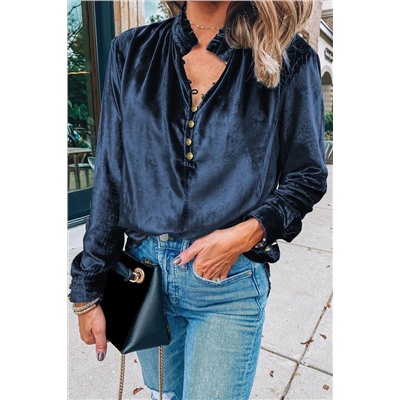 Navy Blue Frilled Neck Buttoned Front Velvet Top